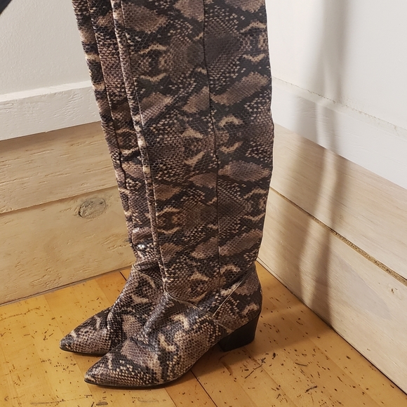 River island block heel thigh knee high slouch snakeskin boots - Picture 3 of 15